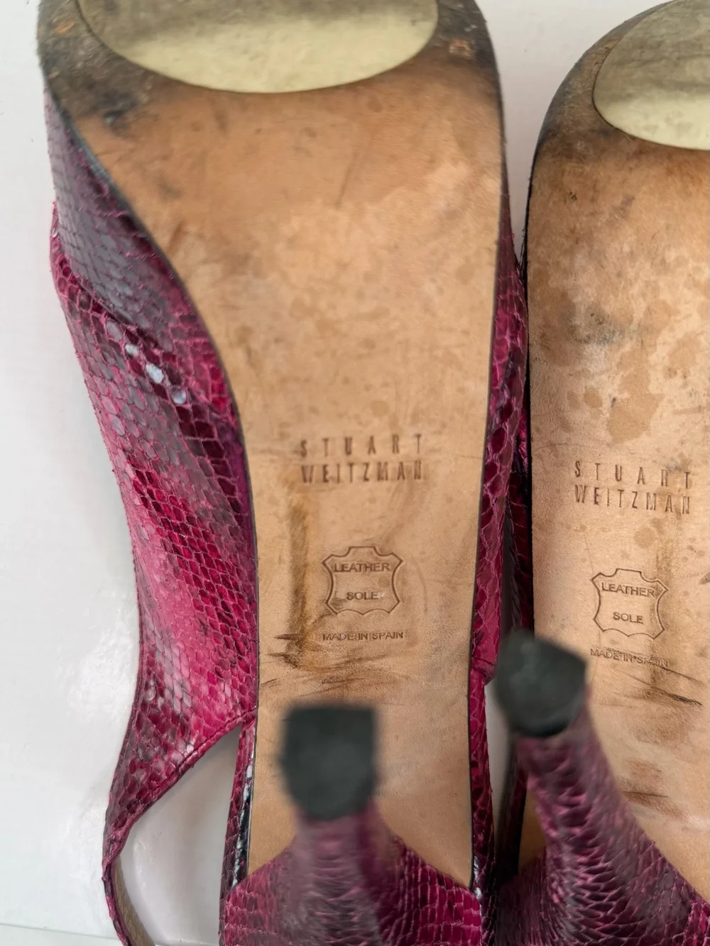 Stuart Weitzman Fuchsia Snakeskin Peep-Toe Slingback Heels